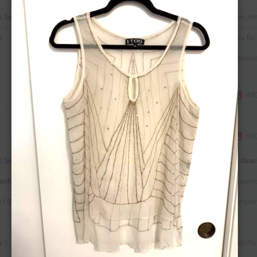 ITOO Women's New Sheer Ivory & Gold Beaded Tank Top Shirt Flapper Sparkly M/L